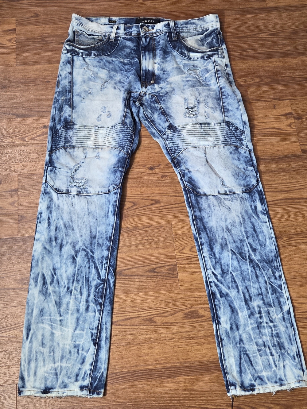 AKOO Men's Washed Blue Distressed Jeans 36×30